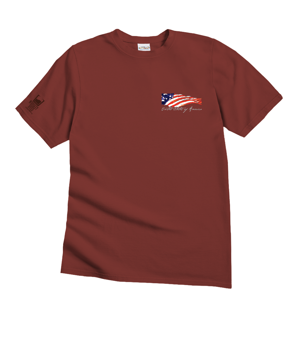 Maroon t-shirt with a small American flag graphic on a white background View 4