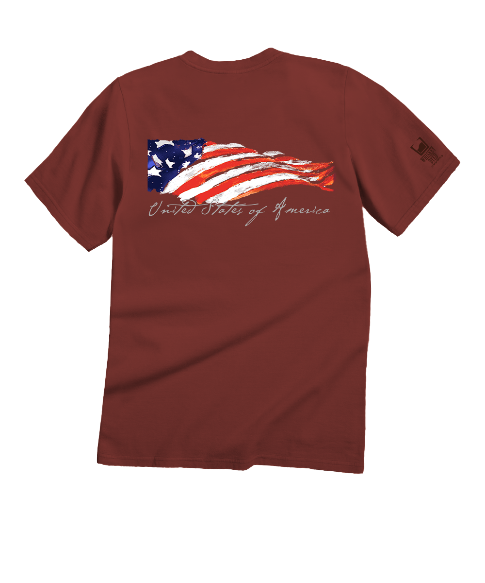 Maroon t-shirt with American flag design on a white background View 1