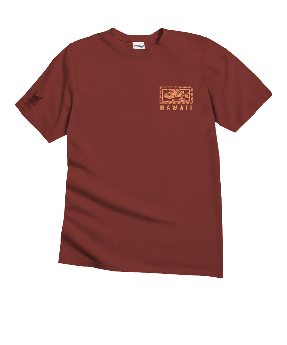 Maroon t-shirt with a logo and text on a white background View 4