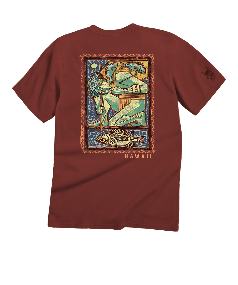 Maroon t-shirt with a colorful graphic on the back on a white background View 1