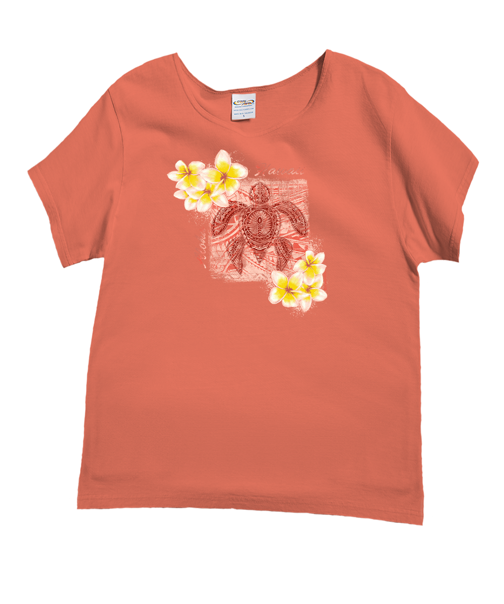 Coral shirt with a turtle and floral design on the front on a white background View 1