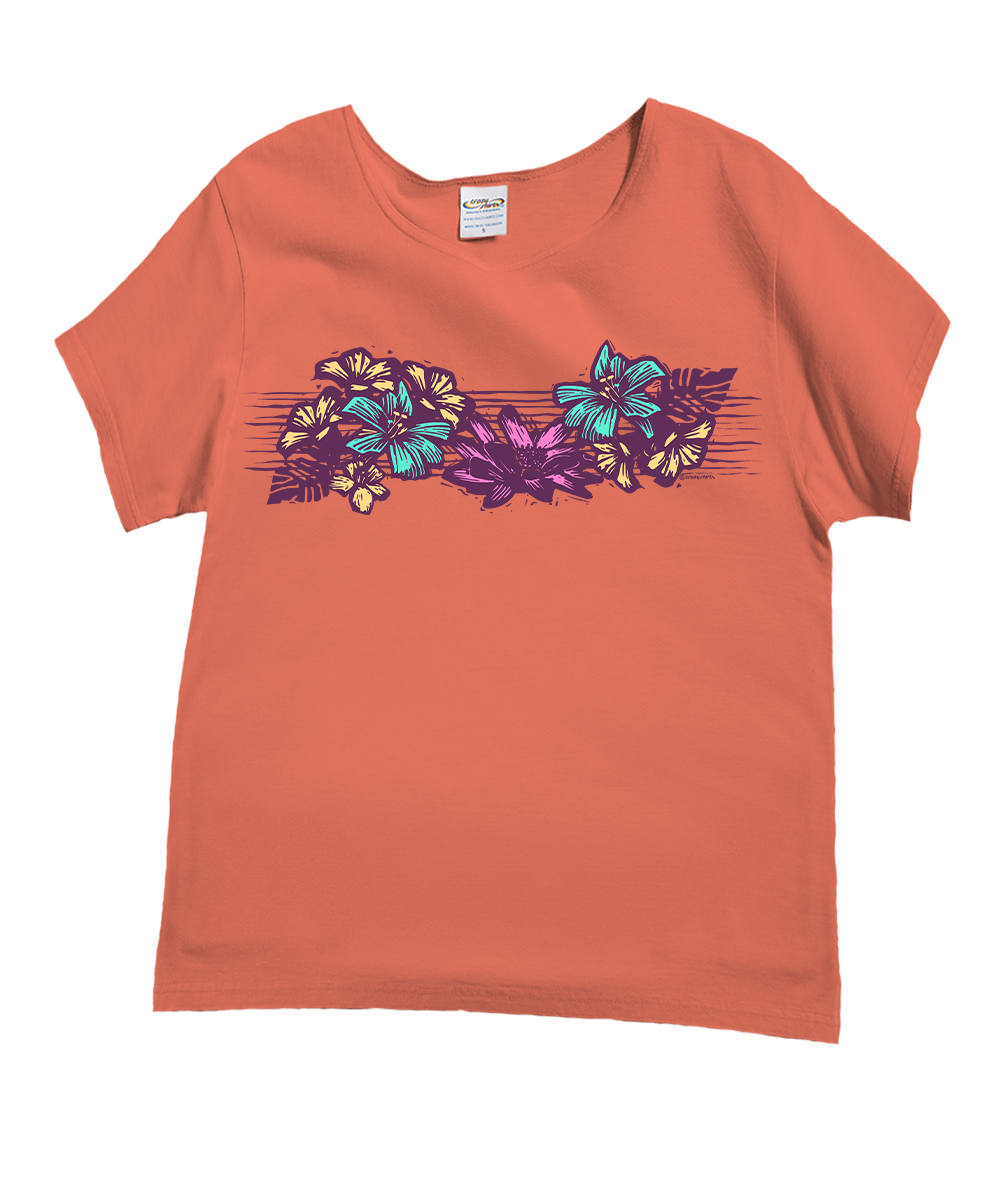 Coral t-shirt with colorful floral design on a white background View 1