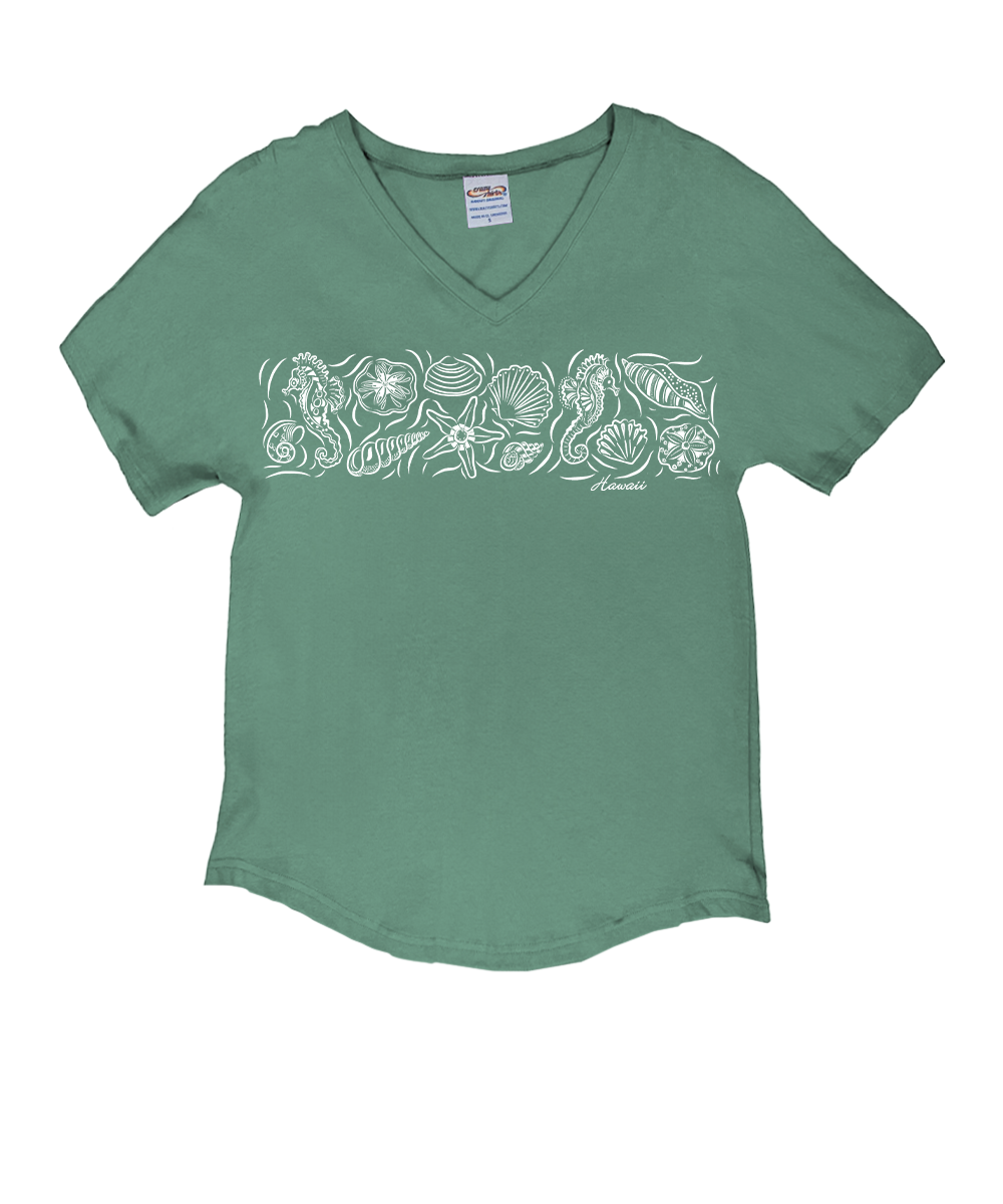 Green t-shirt with white sea-themed graphic on a white background View 1