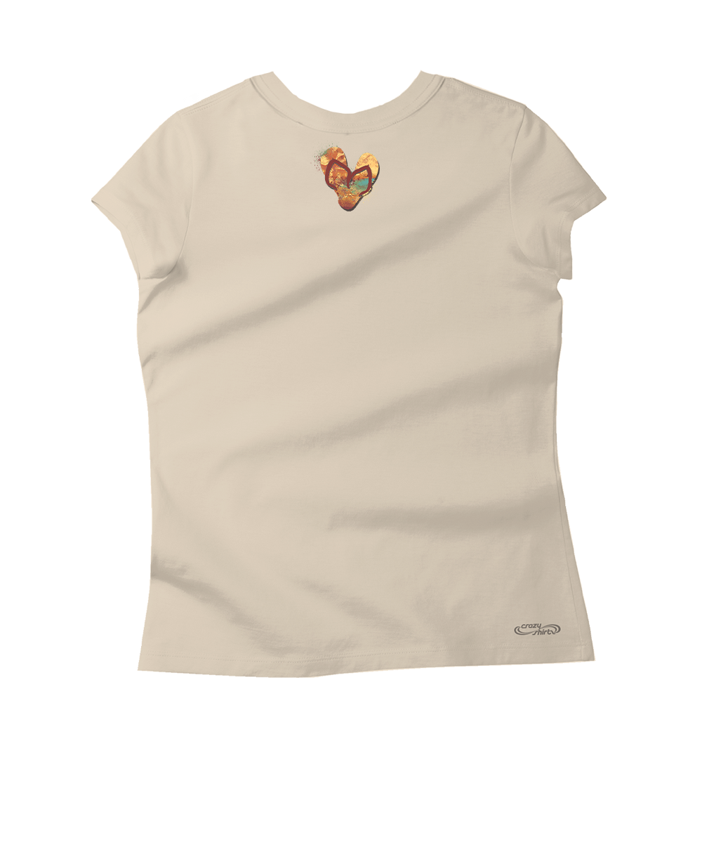 Beige t-shirt with a colorful butterfly design on a white background View 4