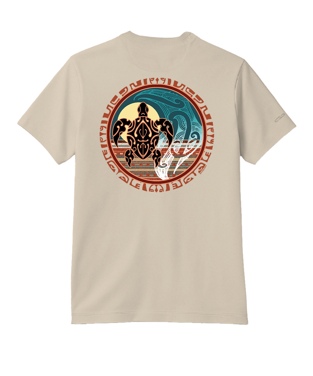 Beige t-shirt with a graphic design on the back, on a white background View 1