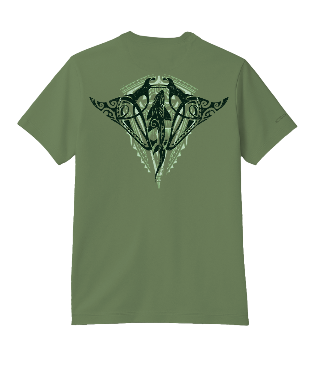 Green t-shirt with a black tribal design on the back against a white background View 1