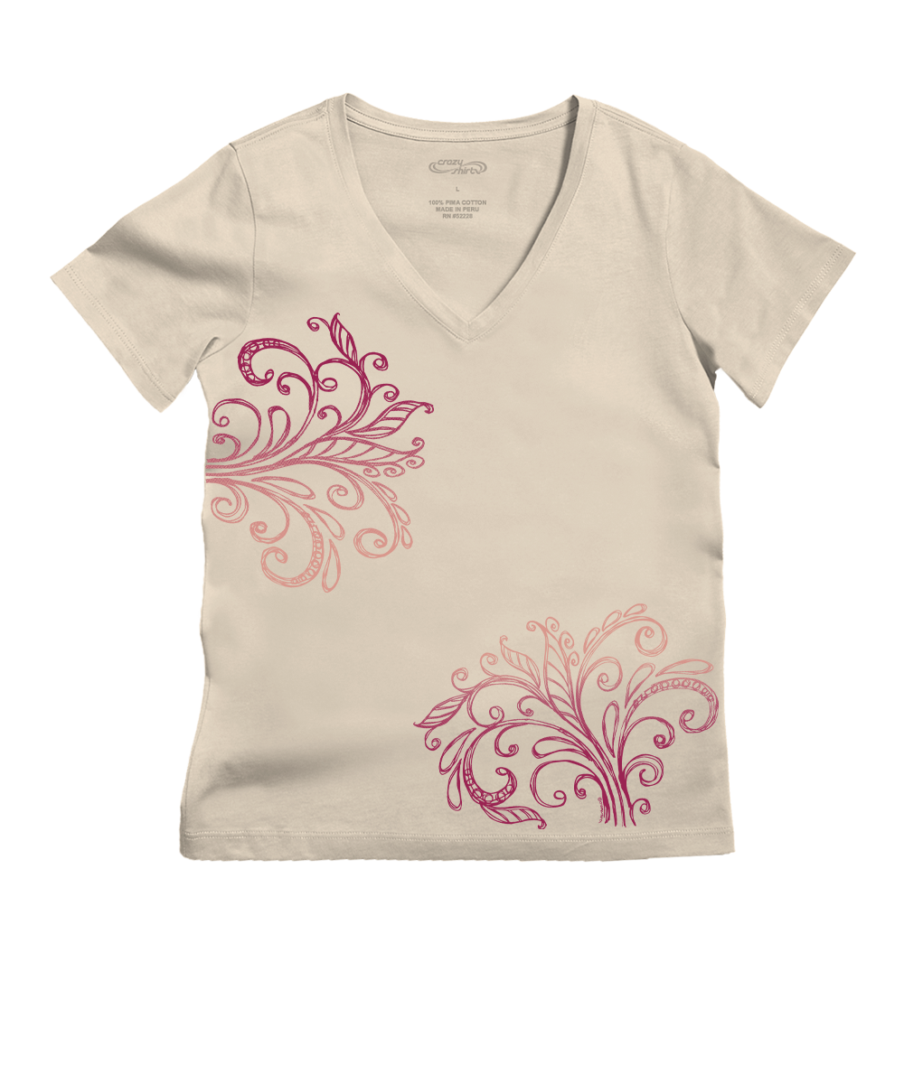 Beige t-shirt with pink floral designs on a white background View 1