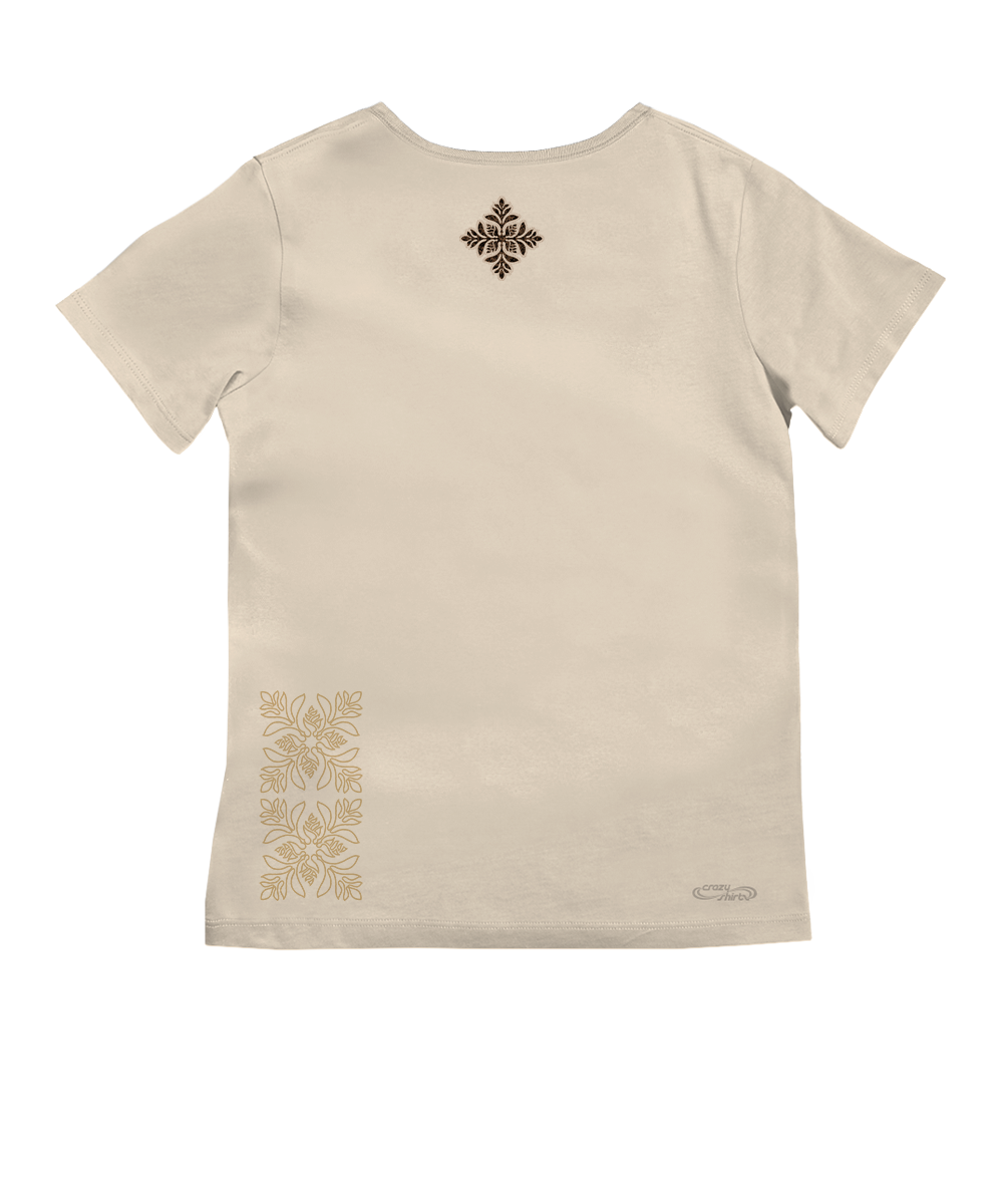 Beige t-shirt with decorative patterns on a white background View 4