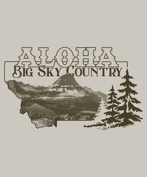 Logo with 'Aloha Big Sky Country' text, mountain, and trees on a beige background