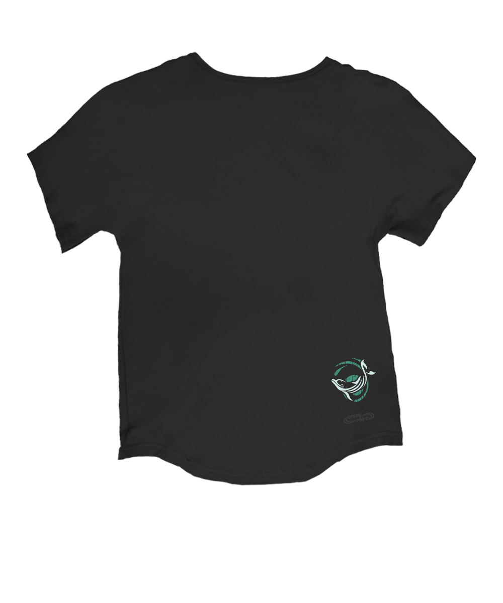 Black t-shirt with a small green logo on the chest against a white background View 4
