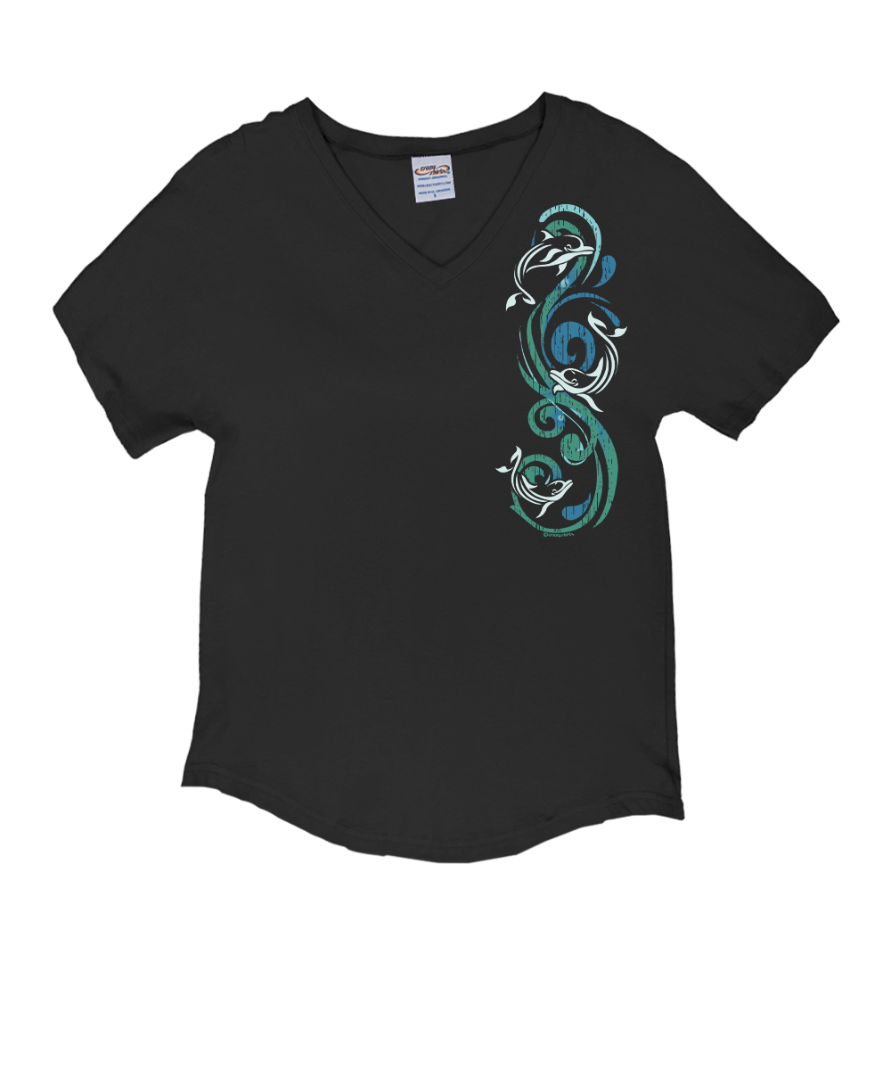 Black t-shirt with a blue and white graphic design on a white background View 1