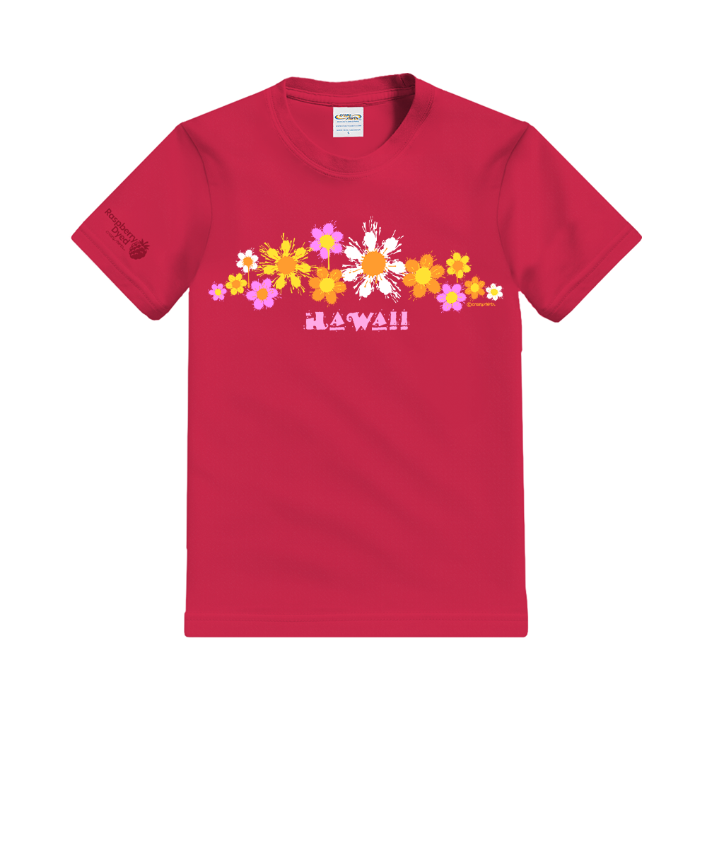 Red t-shirt with floral design and 'Hawaii' text on a white background