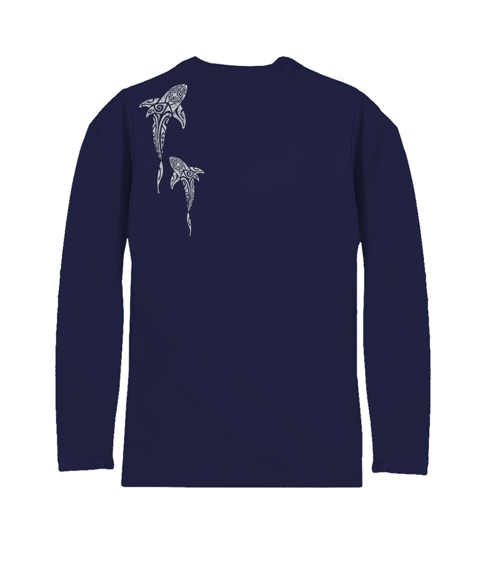 Navy long-sleeve shirt with shark designs on the back against a white background View 4
