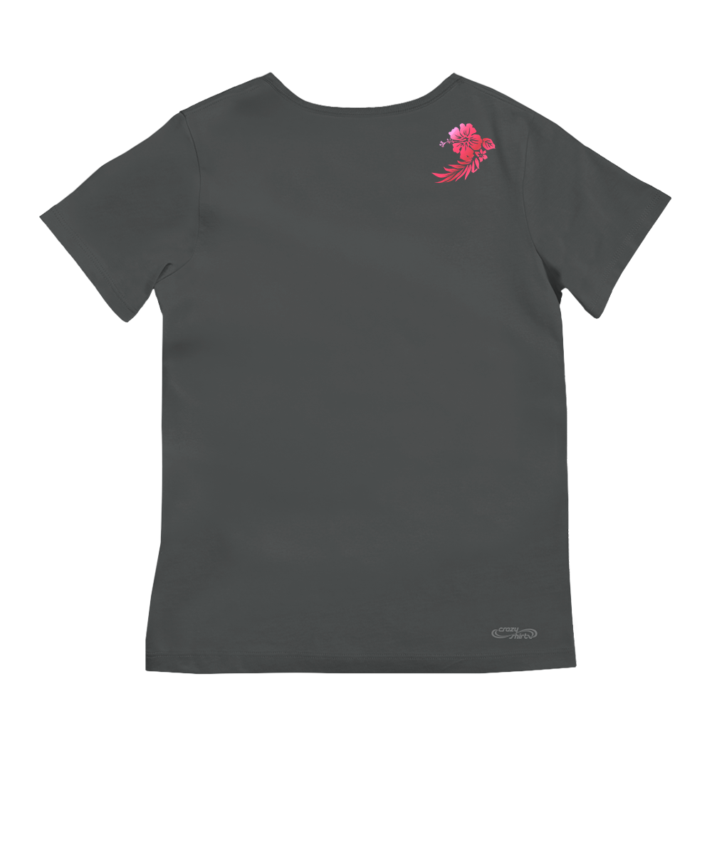 Black t-shirt with a red logo on the back against a white background View 4