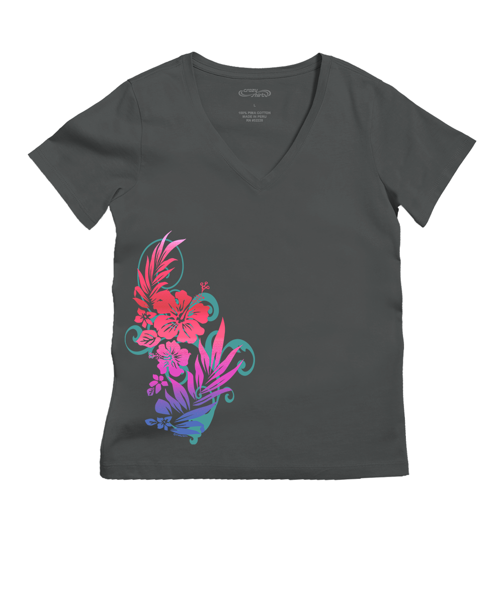 Dark gray t-shirt with colorful floral design on a white background View 1