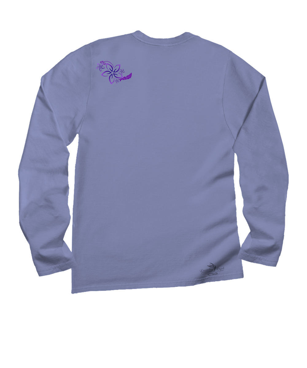 Purple long-sleeve shirt with a small design on the back against a white background View 4