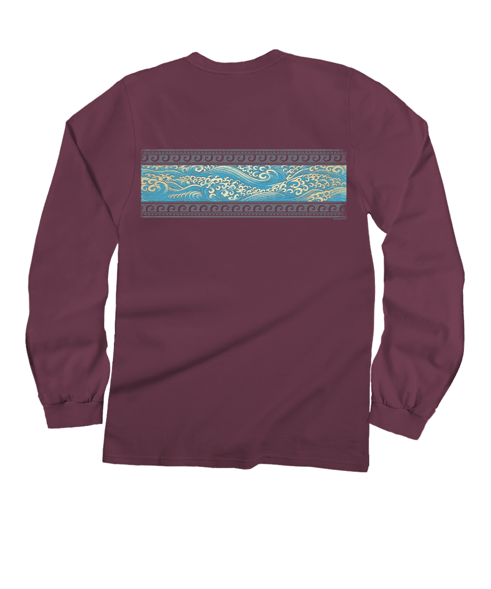 Maroon long-sleeve shirt with a decorative blue and white pattern on the back against a white background View 4