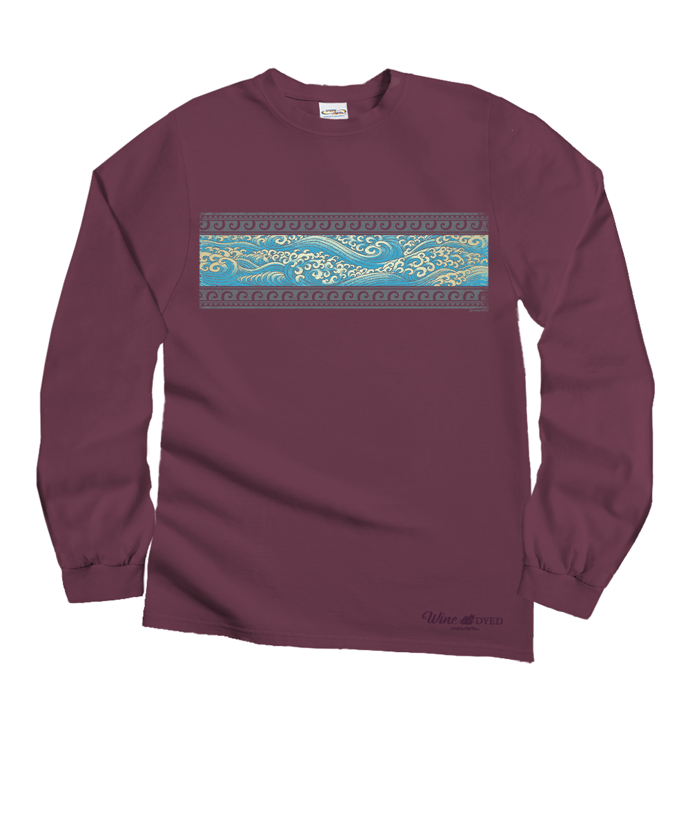 Maroon long-sleeve shirt with a blue and yellow pattern on a white background View 1