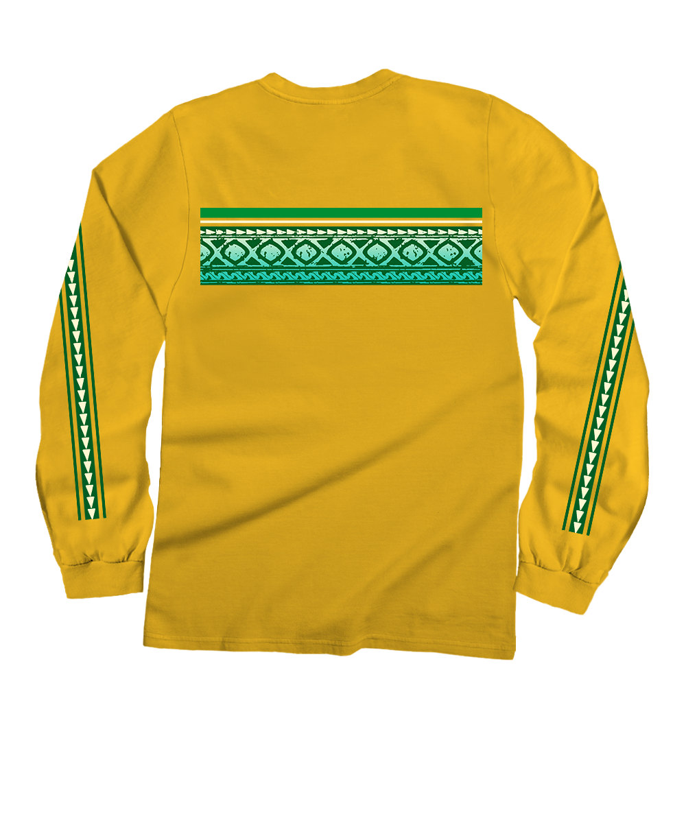 Yellow long-sleeve shirt with green and white patterns on sleeves and back against a white background View 4