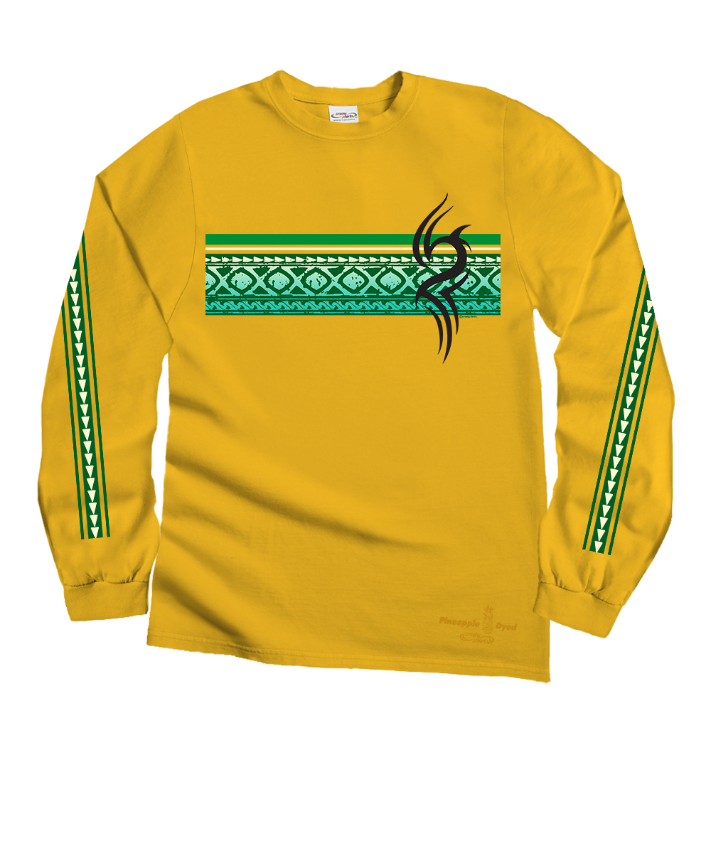 Yellow long-sleeve shirt with green and white pattern and black tribal design on a white background View 1