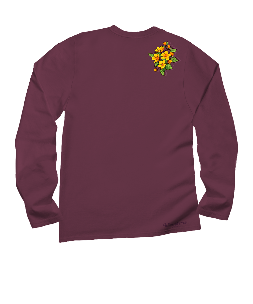 Maroon long-sleeve shirt with a floral design on the back against a white background View 4