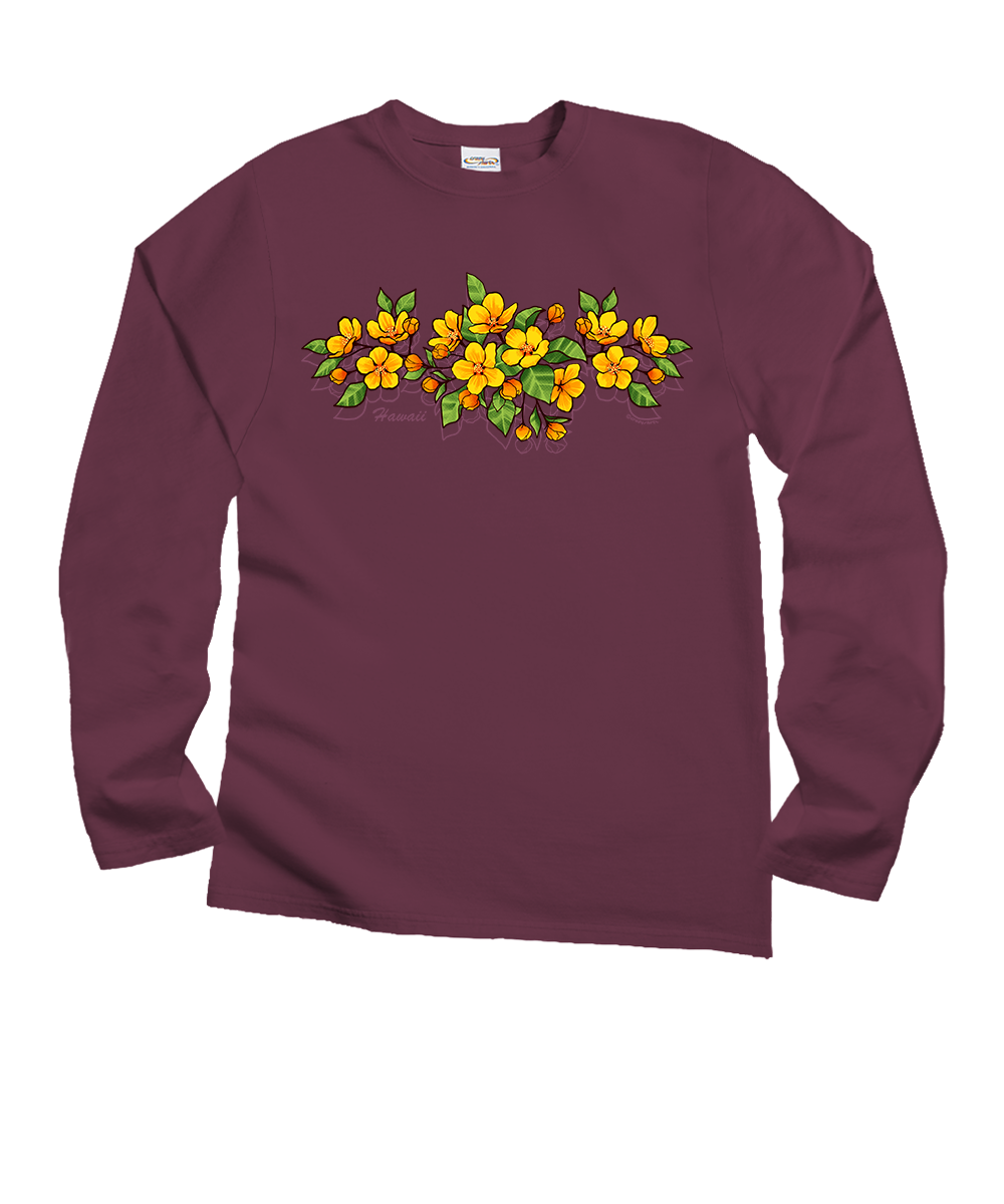 Maroon long-sleeve shirt with yellow floral design on a white background View 1