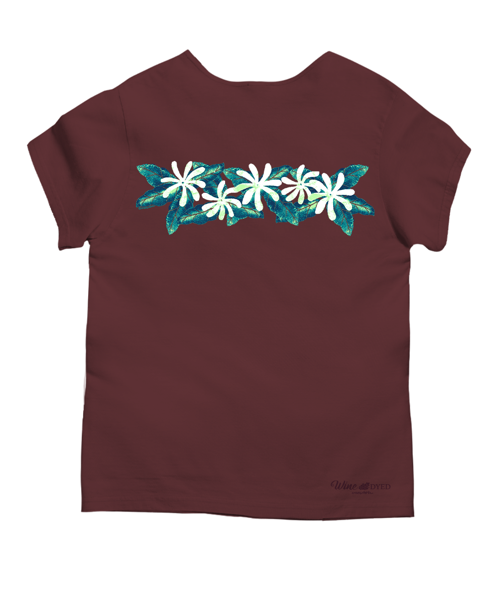 A short-sleeve crewneck t-shirt in maroon, featuring a horizontal graphic print of white hibiscus flowers and teal leaves across the chest. A small brand signature 'Wine Affair Apparel' is printed near the bottom right hem. View 4