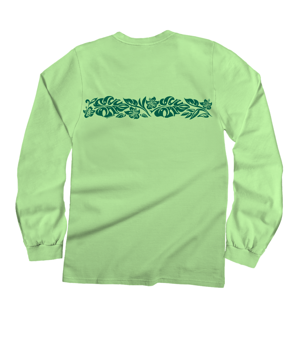 A light green long-sleeve t-shirt shown from the back, featuring a horizontal dark green tropical leaf pattern across the upper back. View 4