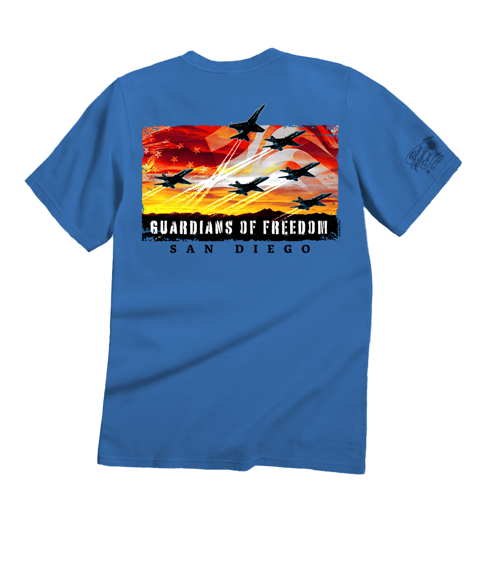Blue t-shirt with 'Guardians of Freedom San Diego' graphic on a white background View 1