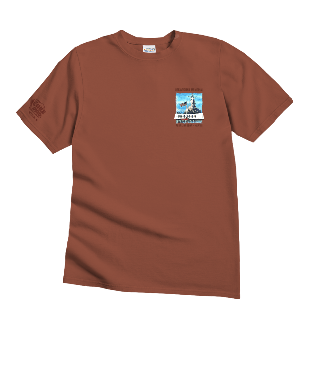 Brown t-shirt with a small graphic on the chest against a white background View 4
