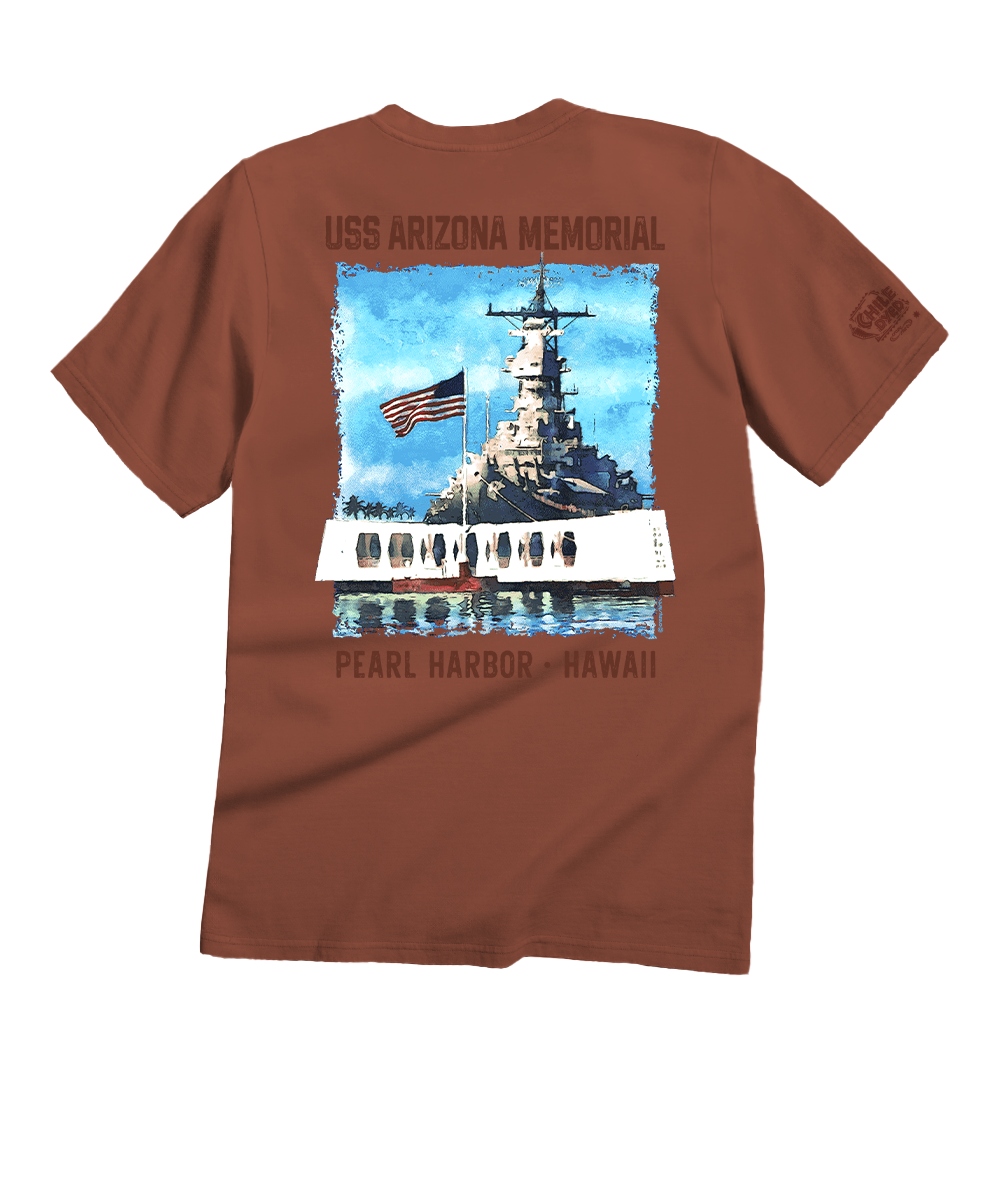 Brown t-shirt with USS Arizona Memorial graphic on a white background View 1