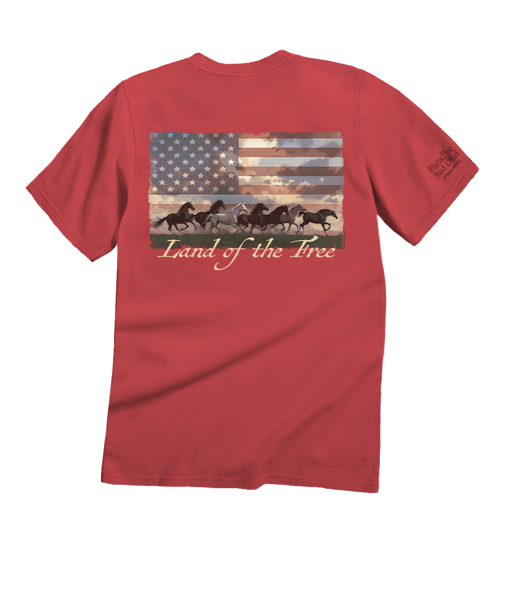 Maroon t-shirt with American flag and horse graphic on the back, displayed on a white background. View 1