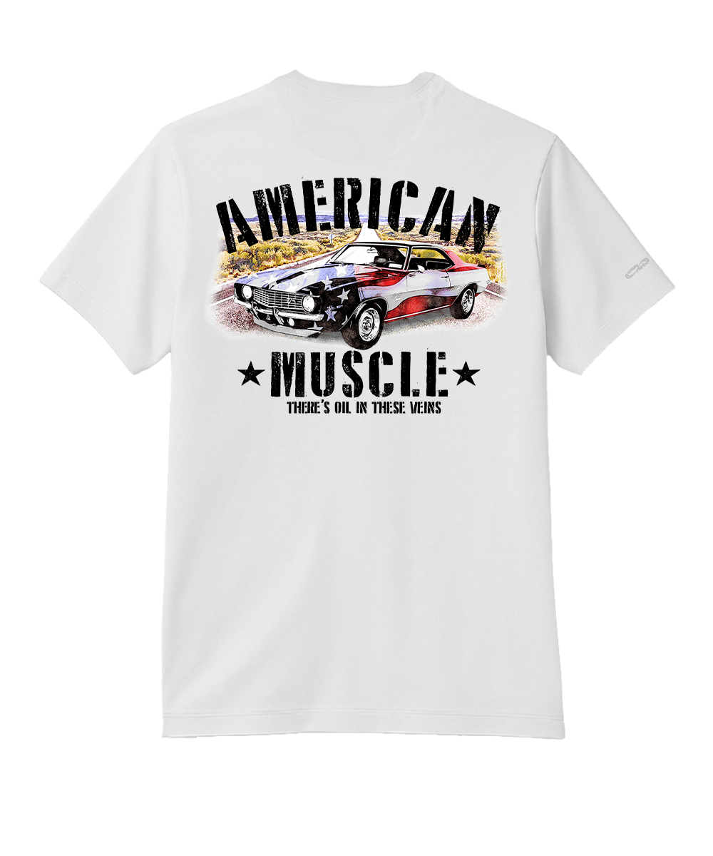 White t-shirt with a graphic of a classic muscle car and 'American Muscle' text on the back. View 1