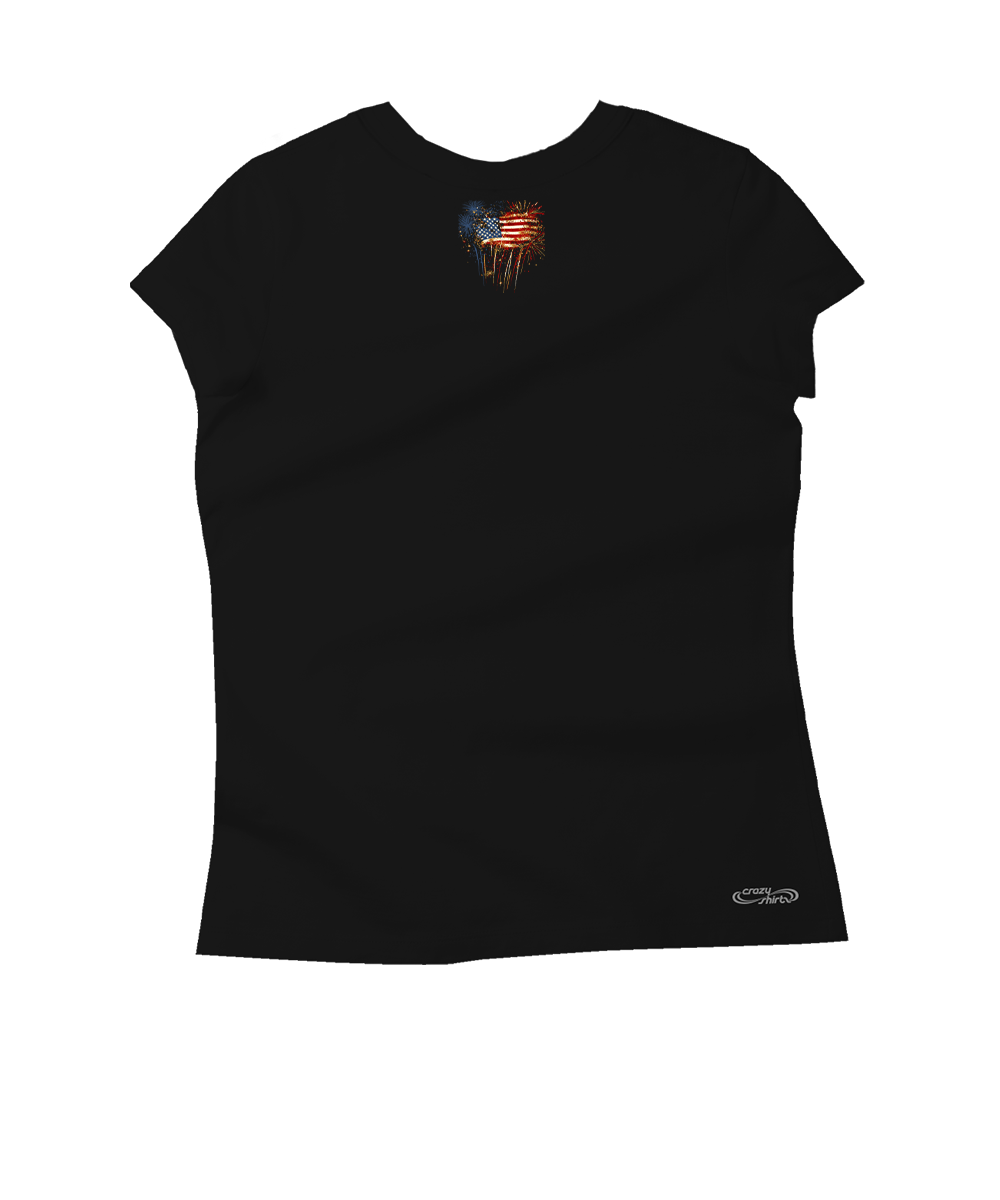 Black t-shirt with a small graphic on the chest against a white background View 4