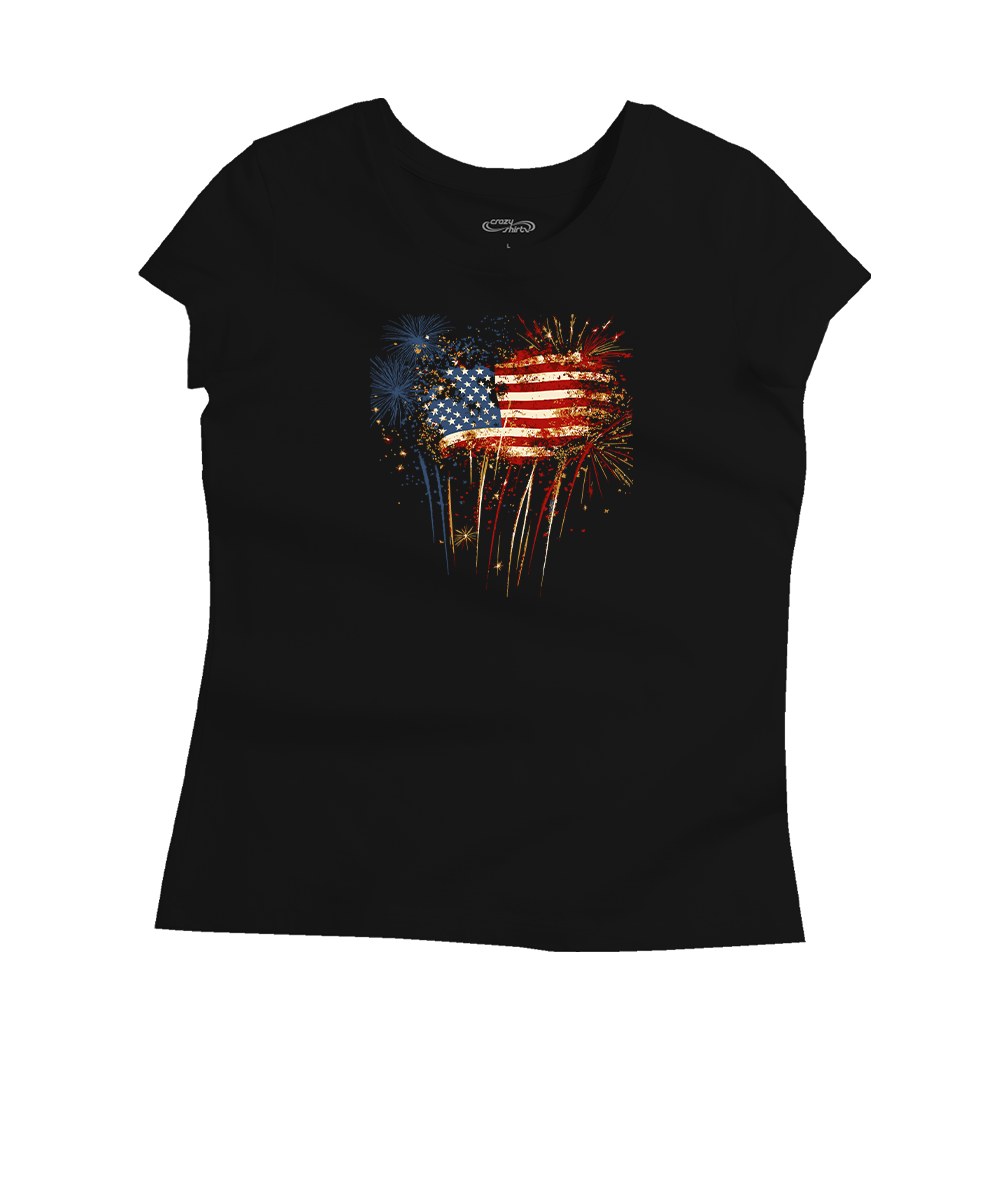 Black t-shirt with American flag graphic on a white background View 1