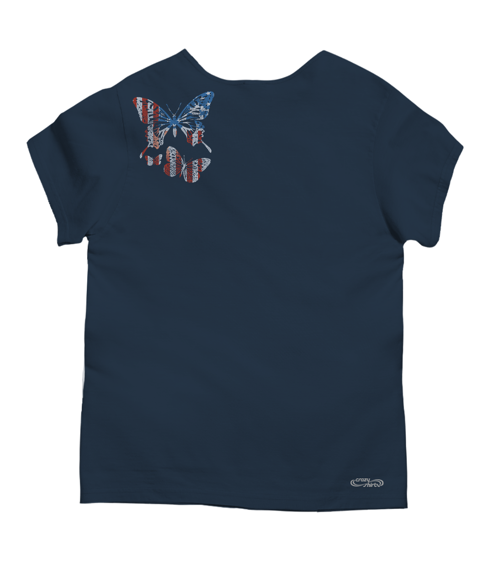 Navy blue t-shirt with a butterfly design on the back against a white background View 4