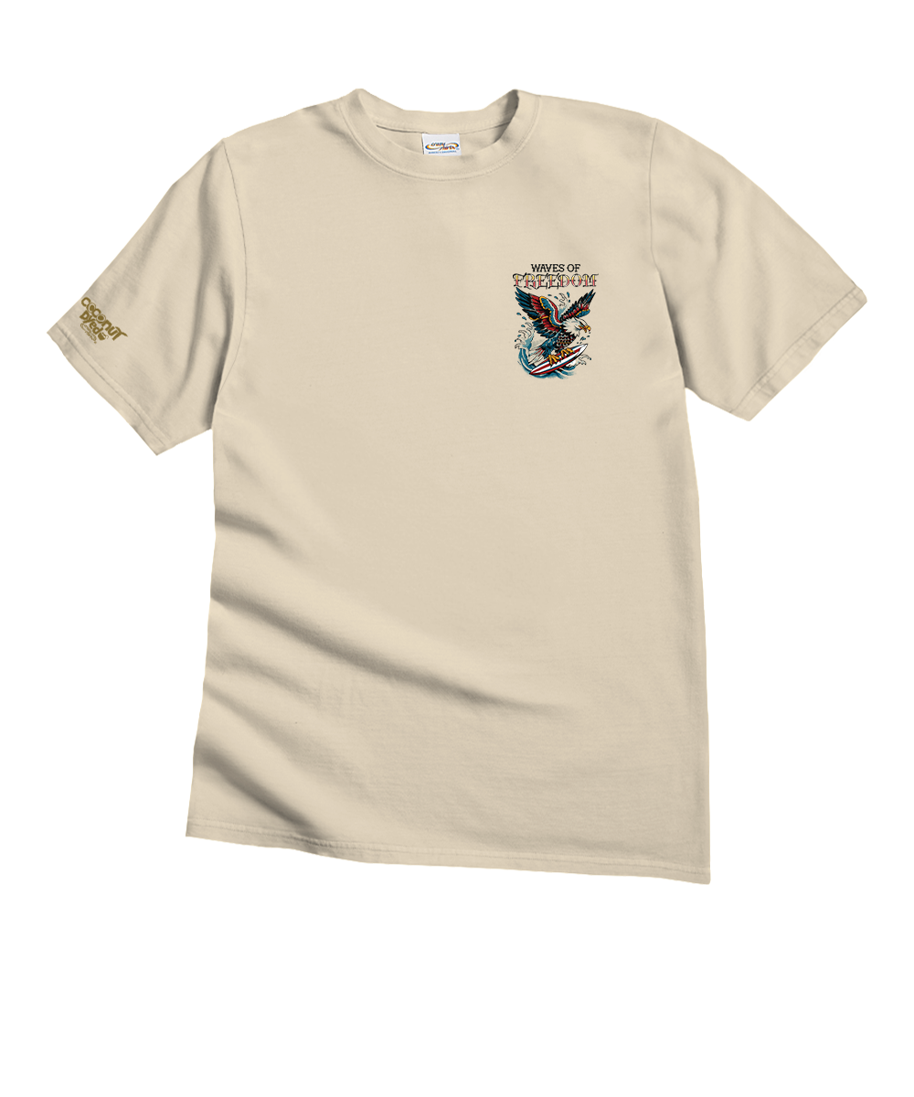 Beige t-shirt with eagle graphic and text on a white background View 4