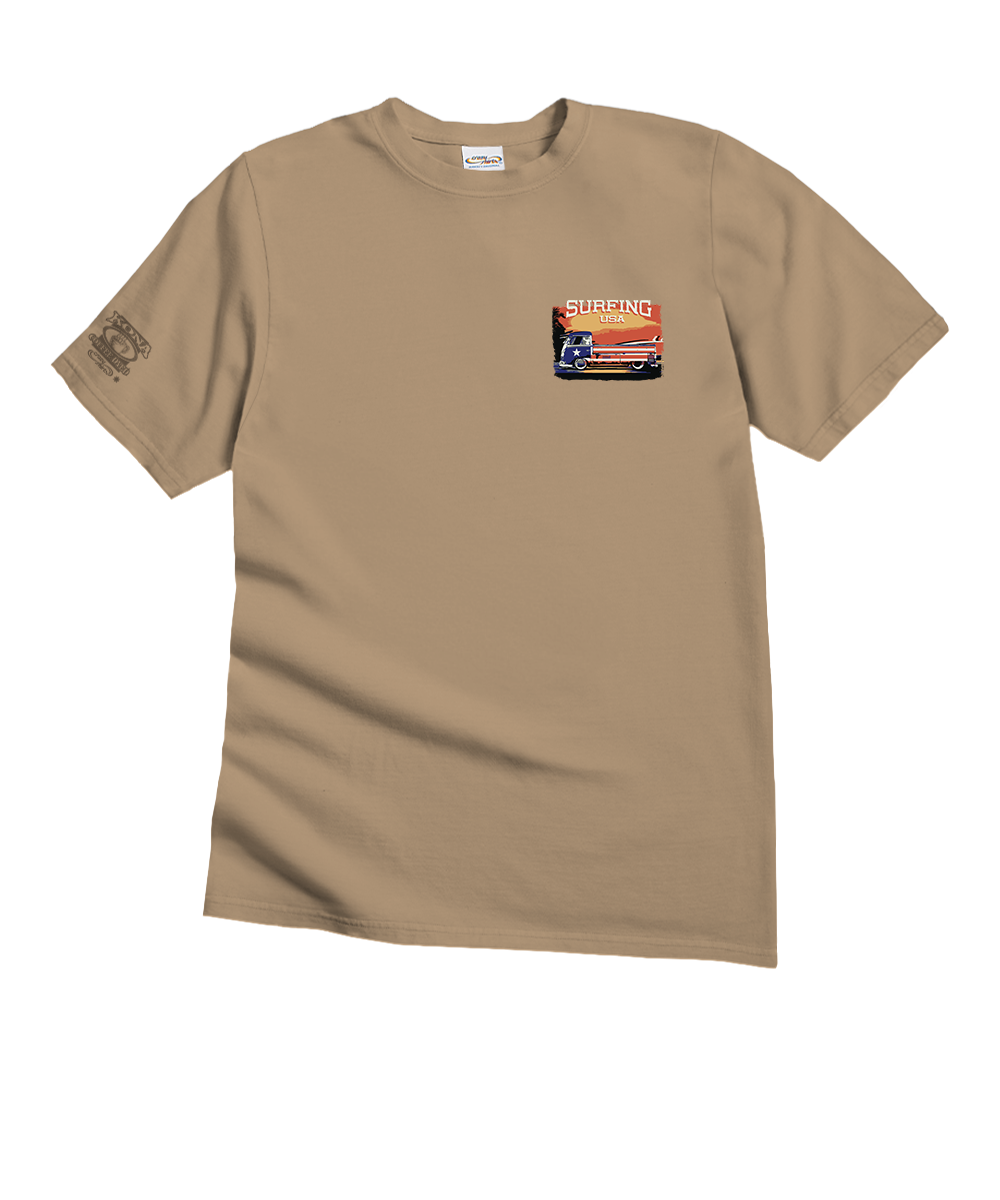 Beige t-shirt with a small graphic on the chest and brand logo on the sleeve against a white background View 4