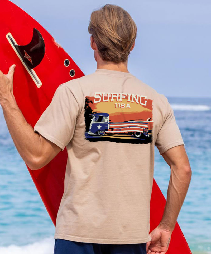 Beige t-shirt with a large graphic on the back and brand logo on the sleeve against a white background View 2