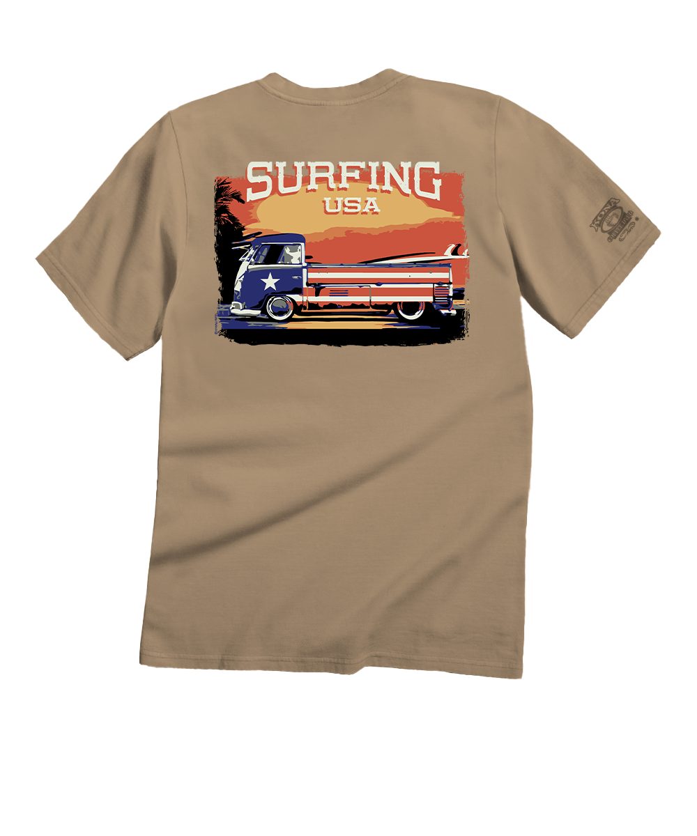 Beige t-shirt with a graphic of a truck and 'Surfing USA' text on the back, on a white background. View 1