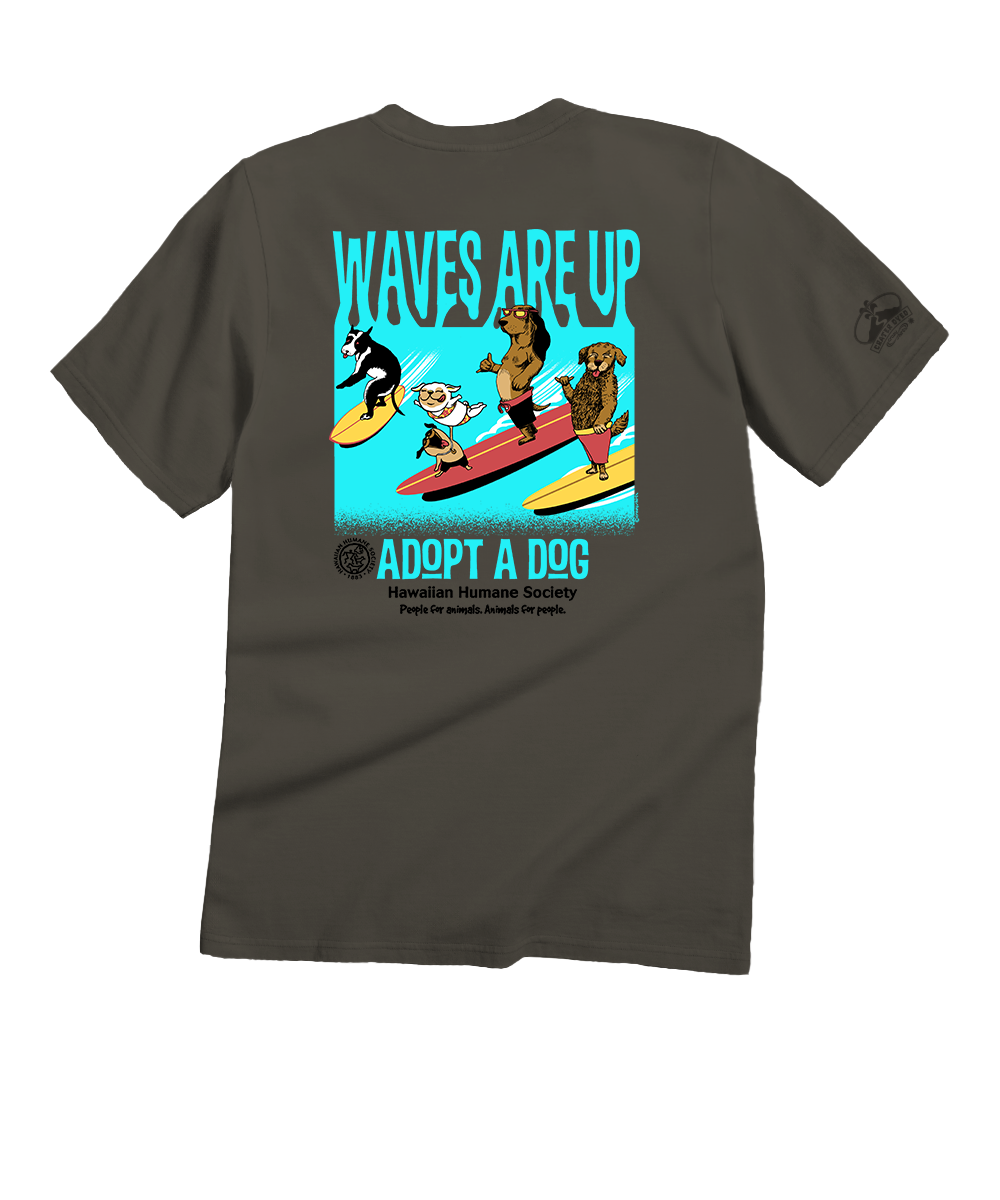 Gray t-shirt with a graphic of dogs on surfboards and 'Waves Up' text on the back, on a white background. View 4