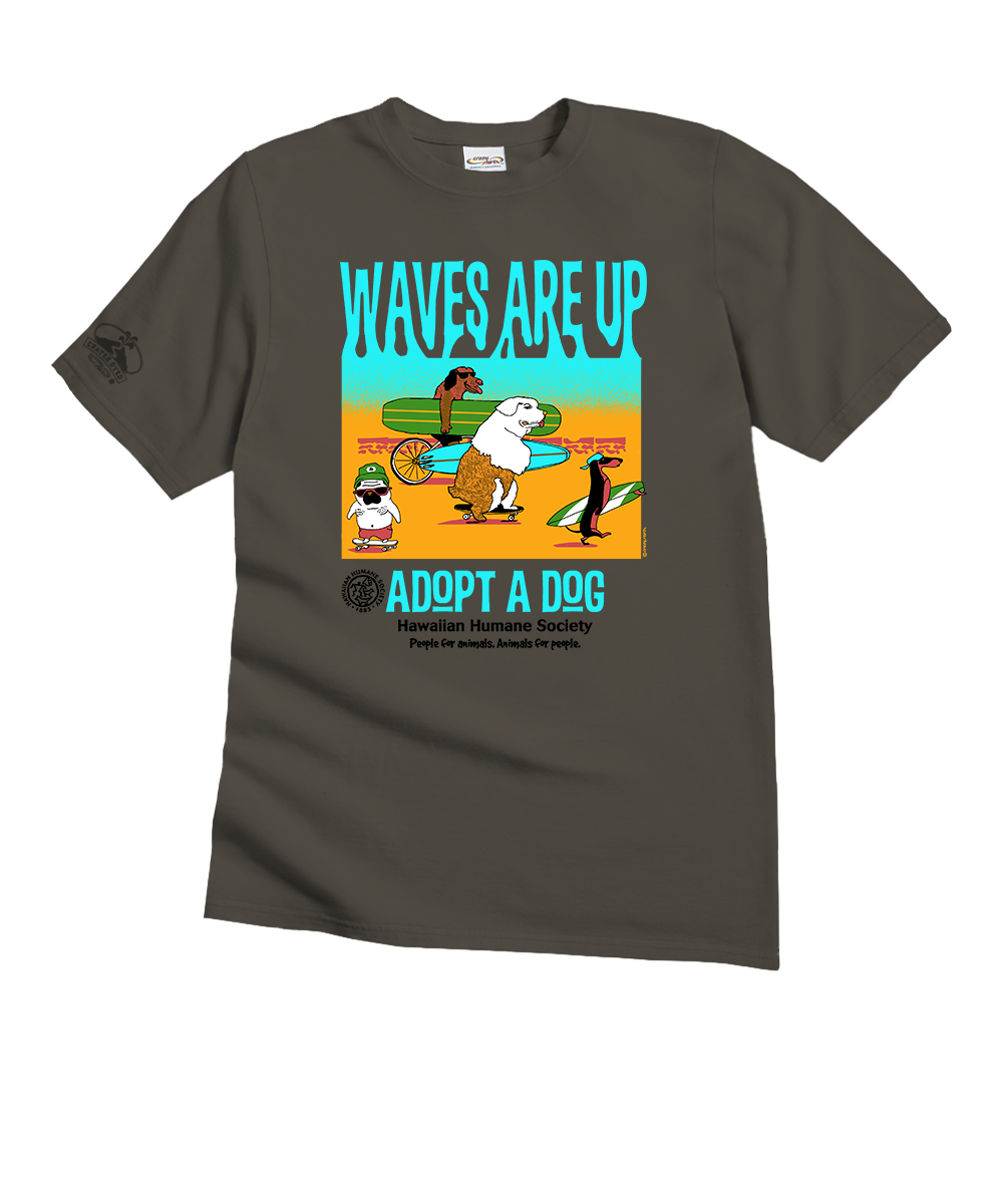 Gray t-shirt with 'Waves Are Up Adopt a Dog' graphic on a white background View 1