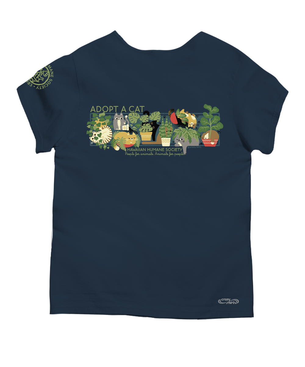 Navy blue t-shirt with colorful graphic and text 'Adopt a Cat' on a white background View 4