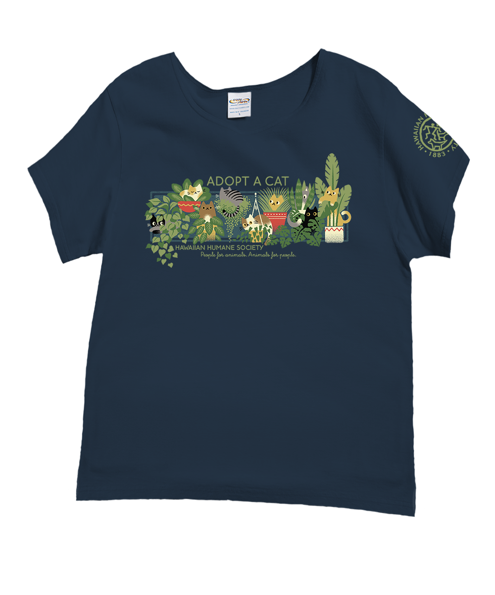 Navy blue t-shirt with cat-themed graphic and 'Adopt a Cat' text on a white background View 1