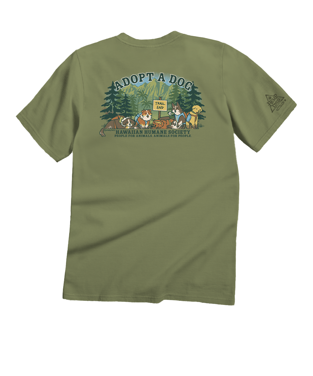 Green t-shirt with a graphic design on the back featuring dogs and text. View 4