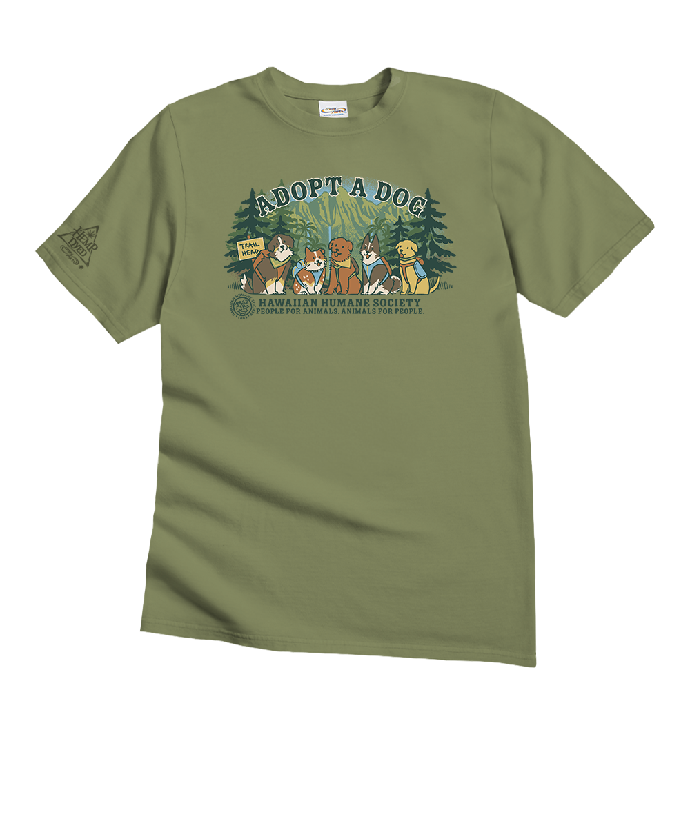 Green t-shirt with dog adoption graphic and text on a white background View 1