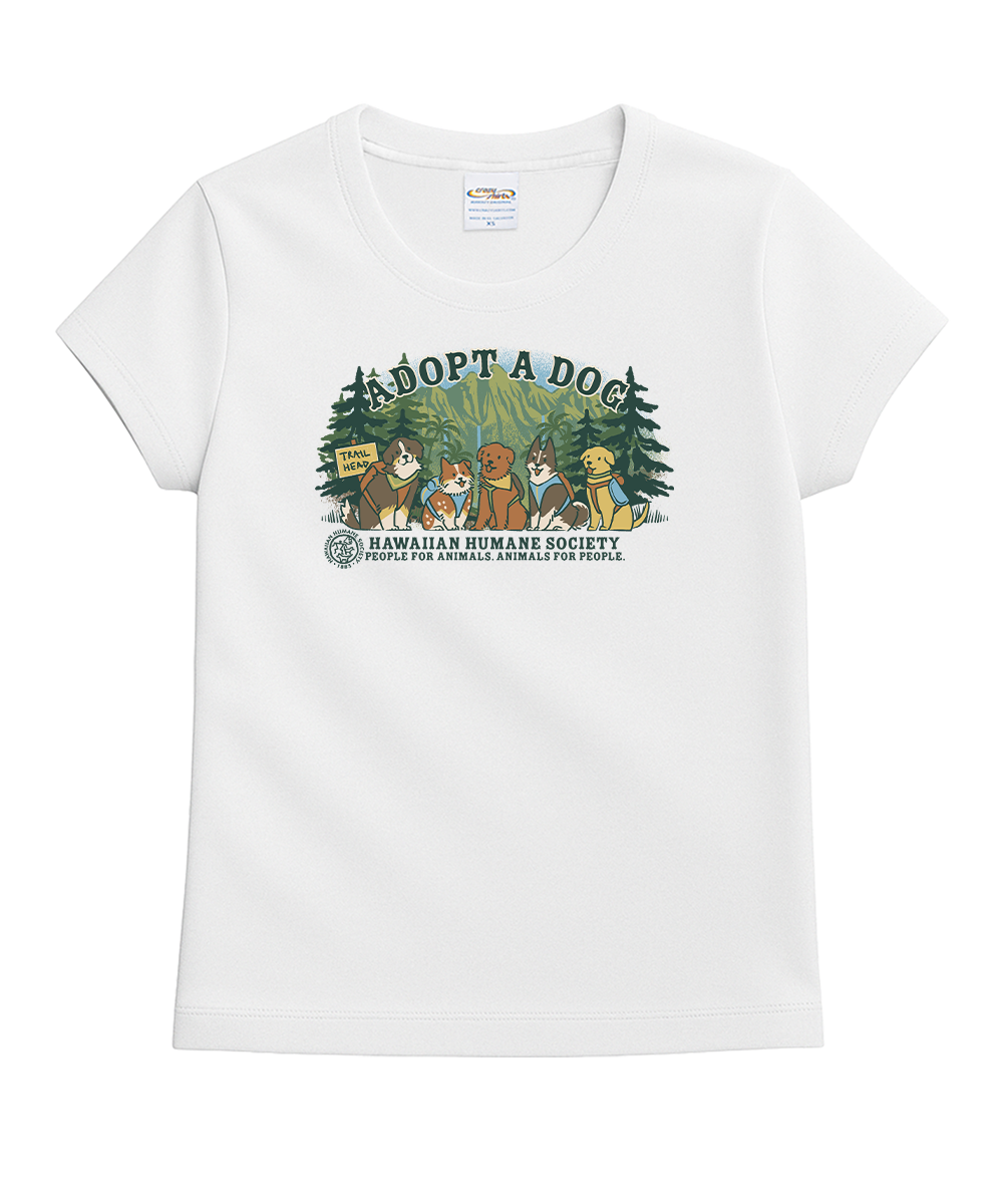 White t-shirt with a graphic of dogs and text on a white background View 1