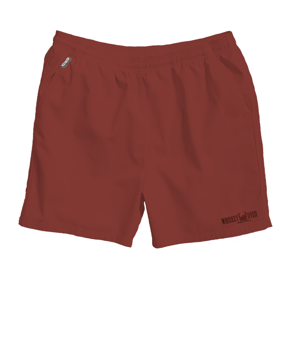 Maroon shorts with a brand logo on a white background