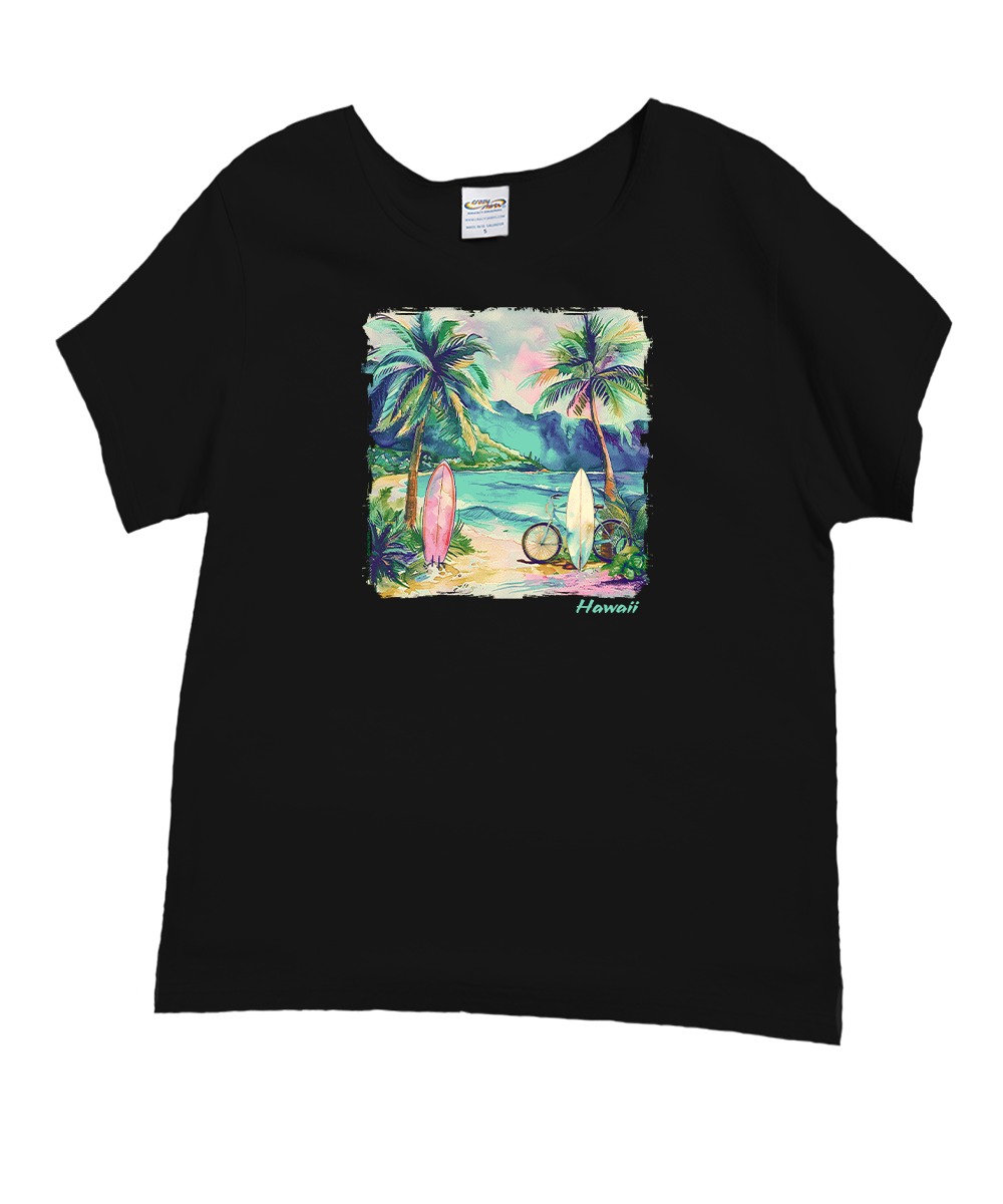 A black short-sleeve t-shirt with a colorful watercolor-style graphic of a tropical beach scene featuring palm trees, surfboards, and the word 'Hawaii' printed on the front. View 1