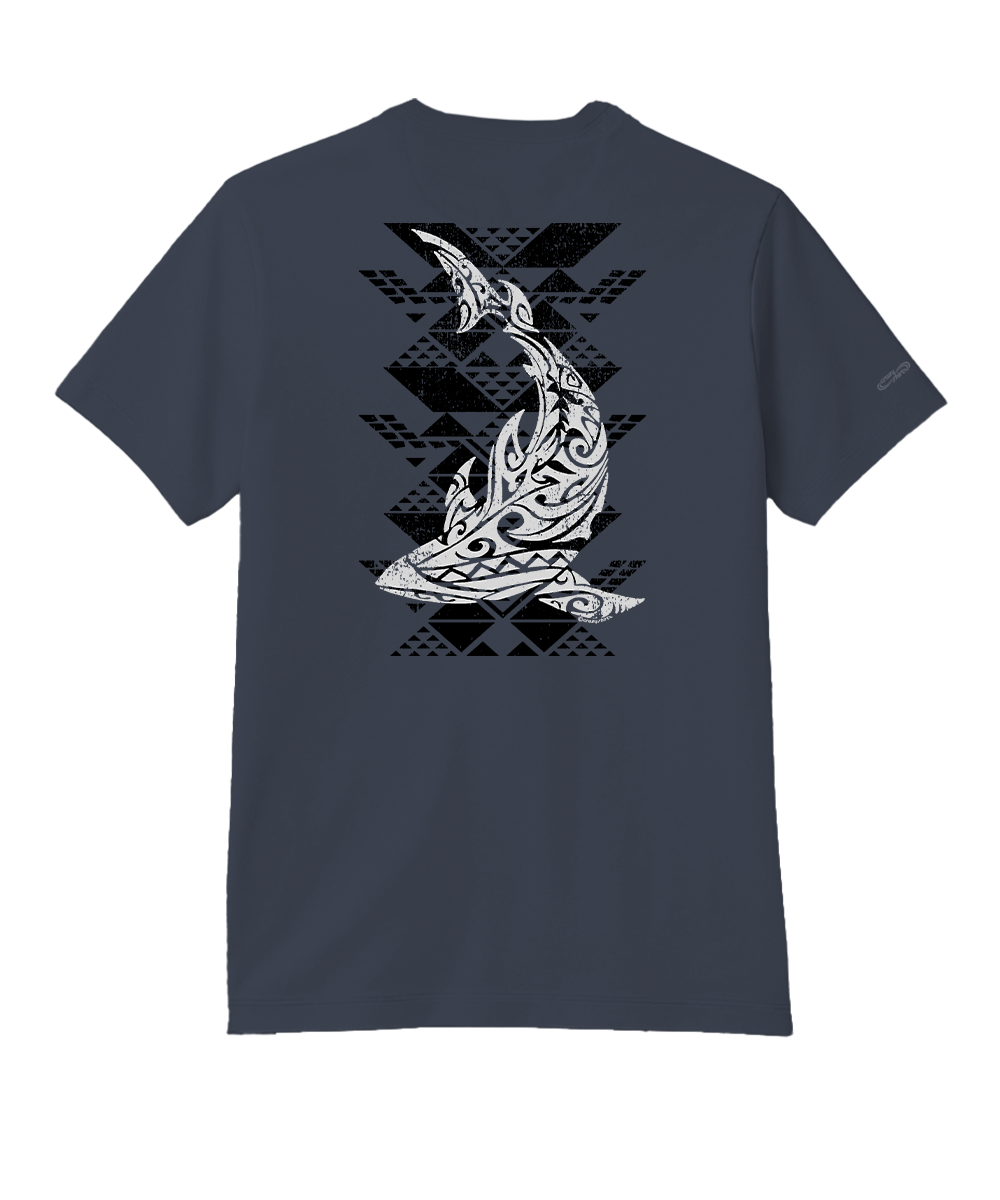 A dark slate blue short-sleeve t-shirt with a large white and black tribal fish graphic on the front, displayed against a solid white background. View 1